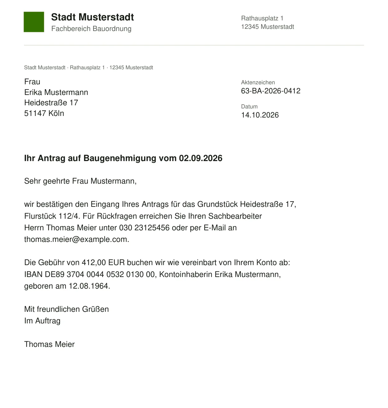Erfundener Musterbrief einer Bauordnung vor der Schwärzung mit Name, Anschrift, Telefonnummer, E-Mail, IBAN und Geburtsdatum