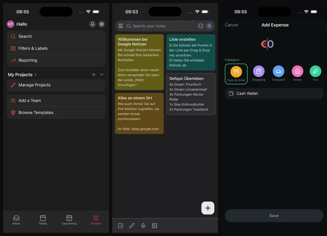Drei Apps, die ai-app-cloner aus Bildschirmfotos nachgebaut hat: Notizen, Aufgaben und Ausgaben
