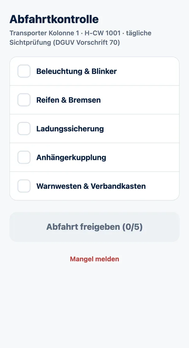 Abfahrtskontrolle nach DGUV Vorschrift 70: Beleuchtung, Reifen, Ladungssicherung, Anhängerkupplung, Warnwesten