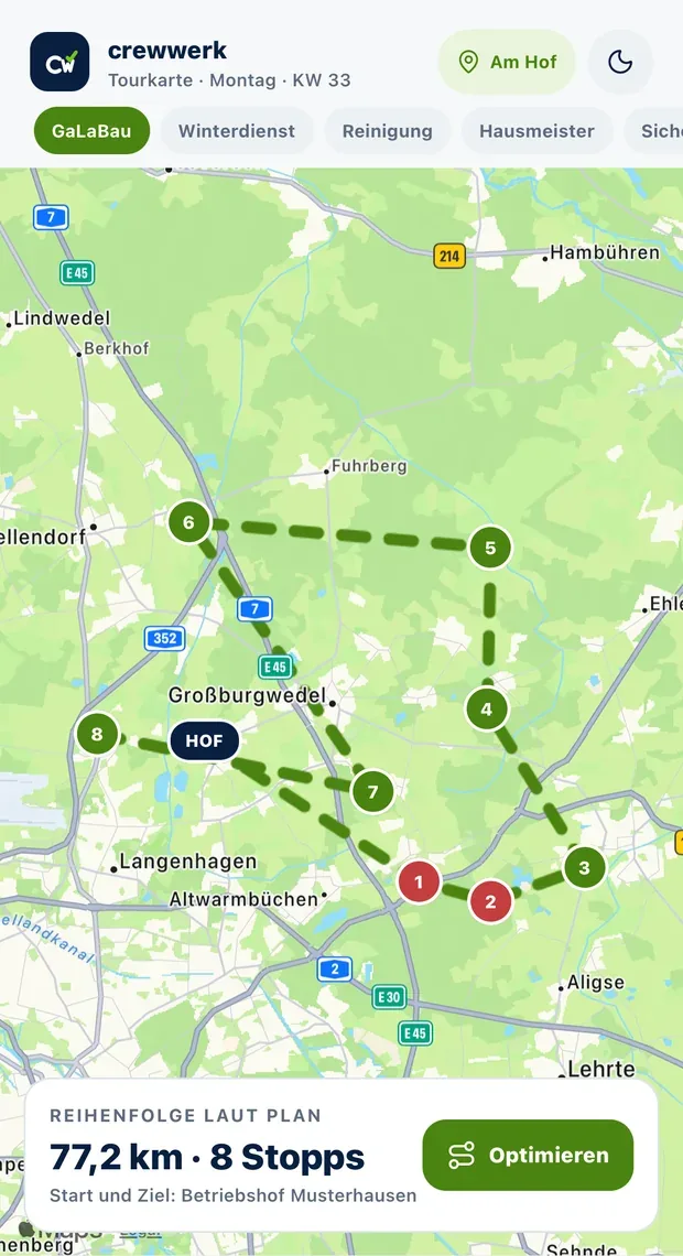 Tourkarte: acht Stopps in der Region Hannover, 77,2 km, Start und Ziel am Betriebshof