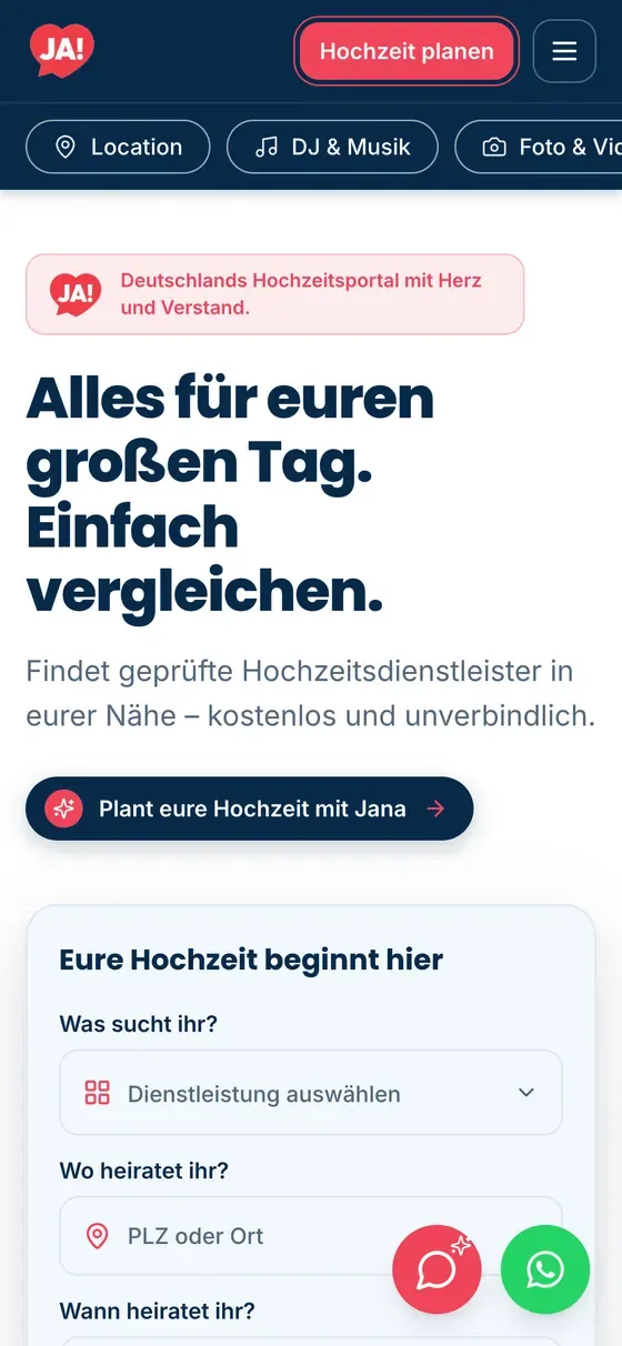 deutschlandheiratet.de auf dem Smartphone mit Suche nach Dienstleistung und Ort