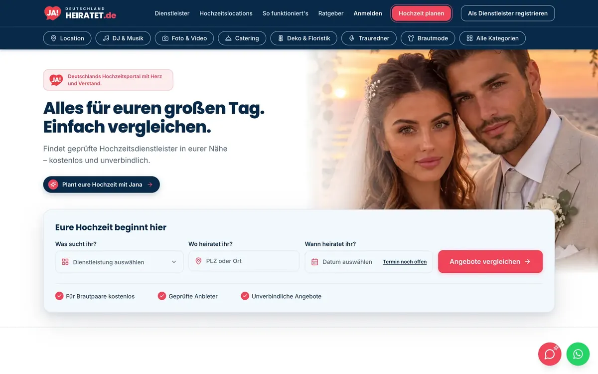 Startseite von deutschlandheiratet.de: Alles für euren großen Tag, einfach vergleichen, mit Suche nach Dienstleistung, Ort und Datum