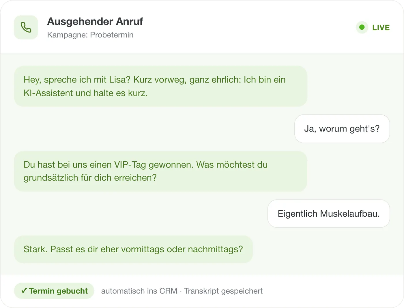 Gesprächsverlauf des Telefonassistenten: KI-Hinweis, Einwand des Anrufers, Termin gebucht